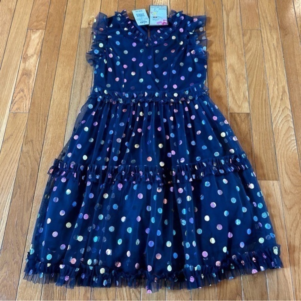 New NWT Three Pink Hearts Sleeveless Navy Foil Dot Ruffle Dress Girls Size Large